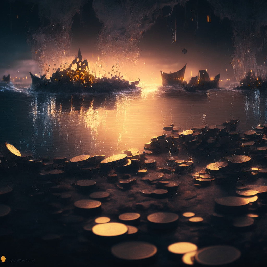 An intricately detailed, digital economy scene set in twilight hues represents Binance's daring coin burn amidst a tide of skepticism. Amidst a dusky backdrop, millions of BNB coins shimmer as they dissolve, echoing the hefty transaction that saw vast volumes of tokens eradicated. The mood is tense and uncertain, reflecting the complications in the crypto world and the bearish market predictions, with undertones of faint optimism, alluding to the slight price increase post-burn. Translucent, ghostly figures suggest the dispersed addresses, while shadowy figures represent bearish traders. The broad light setting suggests both the divisive reactions and the unfolding drama within the crypto landscape.