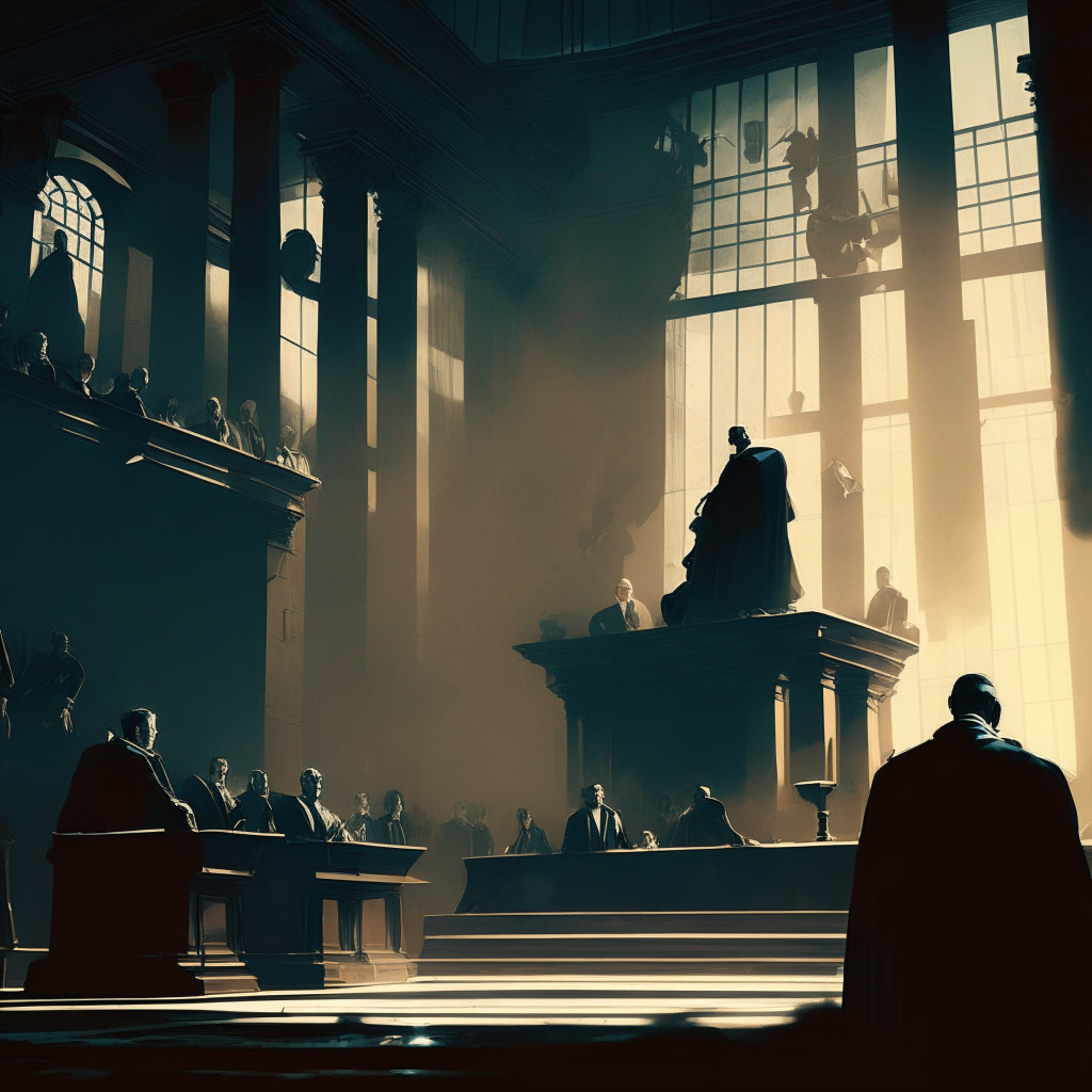 Dramatic courtroom scene, a mix of Renaissance and cyberpunk elements. In the foreground, austere figures representing crypto executives, showing worry and resilience, in the background, imposing figures embodying international regulators, casting long shadows. Overall moody ambiance, chiaroscuro lighting emphasizing tension and uncertainty.