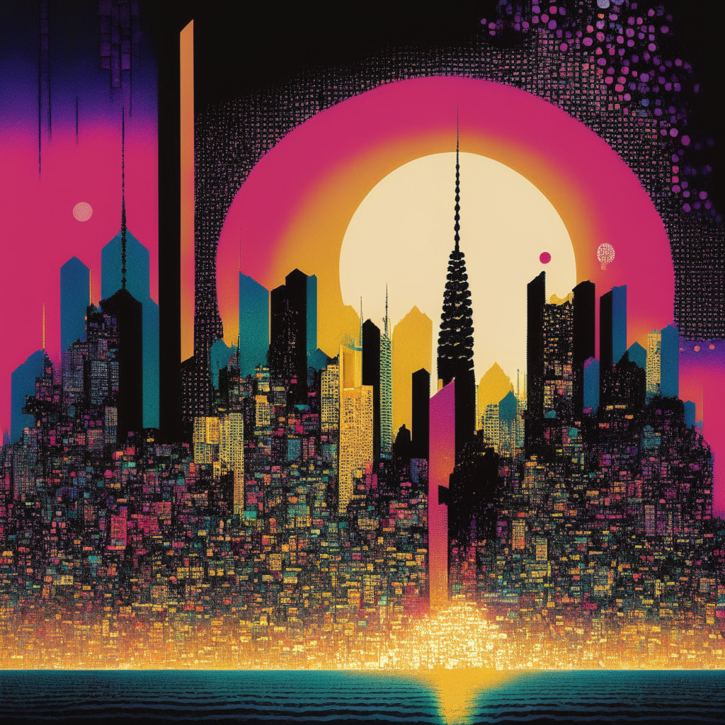 A surrealist, colourful Tokyo skyline at dawn, city thrumming with unreadable code, coins sparkling like stars. A vibrant, pulsating energy embodies the crypto buzz, while the shadow of a giant key, a symbol of stringent regulations, cuts across the panorama, signifying challenges. The mood teeters between hopeful and cautious, reflecting the article's contemplative tone.