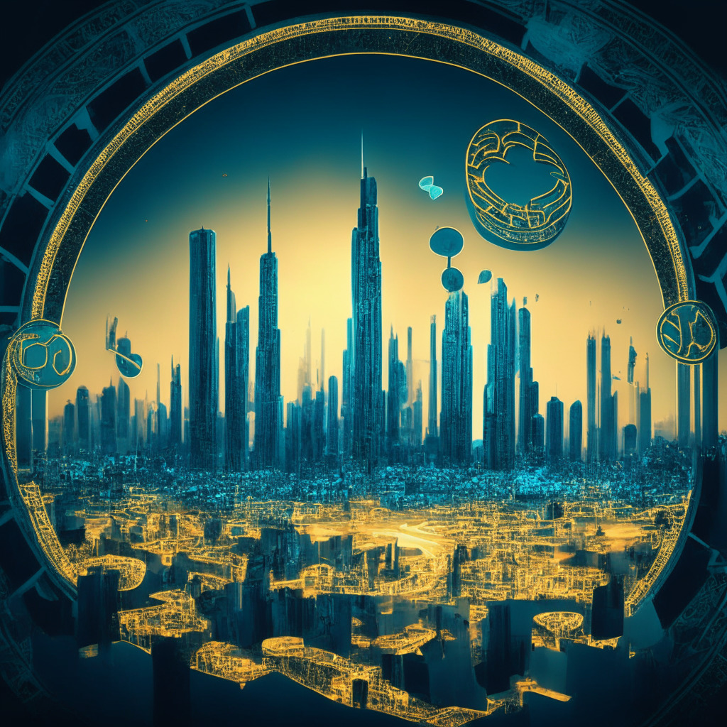Dubai city skyline at twilight, cryptocurrency symbols floating in the air, a large gold key symbolizing Binance's Operational MVP License. Scene is in a surrealist art style, bathed in a cool, teal light creating a sleek, modern atmosphere. A complex labyrinth in the forefront projects undertone of regulatory challenges, exclusivity revealed by a thin gold line.