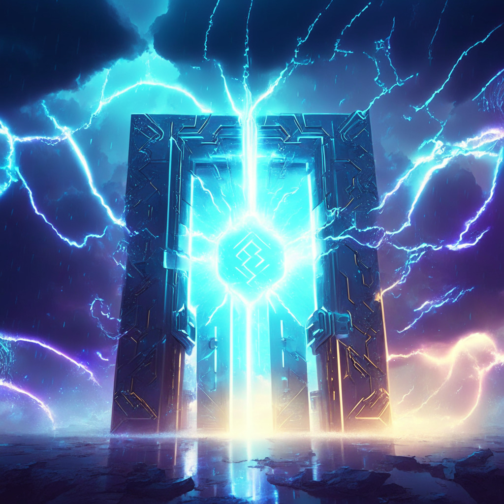 Opening a futuristic digital gate, a bright, blockchain-glow falling onto stylized 3D gaming platforms, pulsating neural network symbols floating around, capturing the ambiance of a revolutionary cyber world. Light rays piercing stormy clouds, symbolizing optimism amidst regulatory scrutiny. The atmosphere is a blend of uncertainty and excitement.