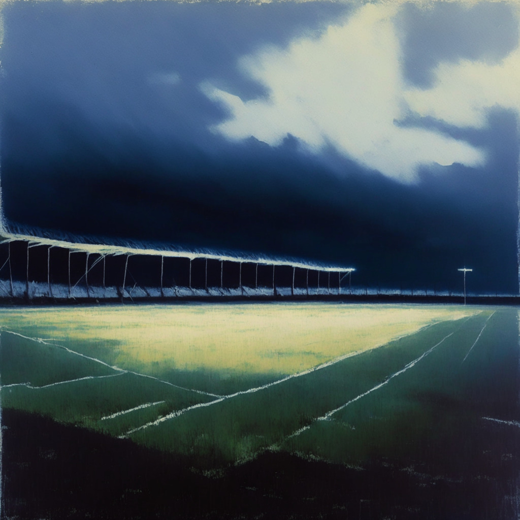 Twilight painting of an empty soccer stadium in Argentina, evocative of the Impressionism art style, ghost of a lost partnership hovering over the field. Ripple effects from a terminated contract like fading crosshatches lacing the sky. Mystery and silent tension amplifying the melancholy mood, stirs nostalgia of better times. Broken bonds symbolized by faded logo on the ground, replaced by elusive golden coins - a symbol of volatile crypto markets.