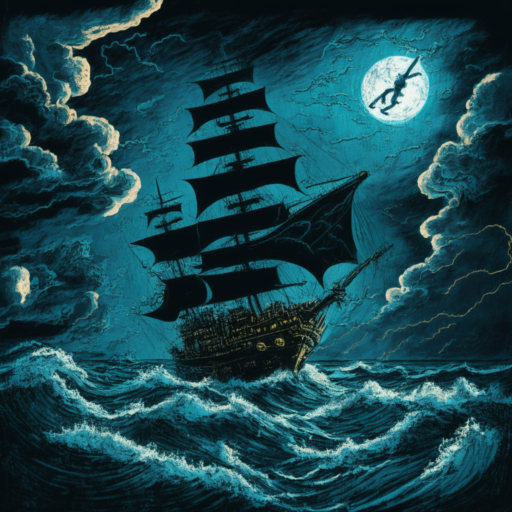 A choppy ocean scene with a large, high-tech ship fighting an advancing storm, Navigational symbols and charts symbolising the crypto industry, infused with an expressionism art style. Clouds dense with worry lit by cold, moonlight, represent regulatory challenges. Fleeting figures on deck signify the staff reduction. Mysterious, tense, stormy atmosphere.