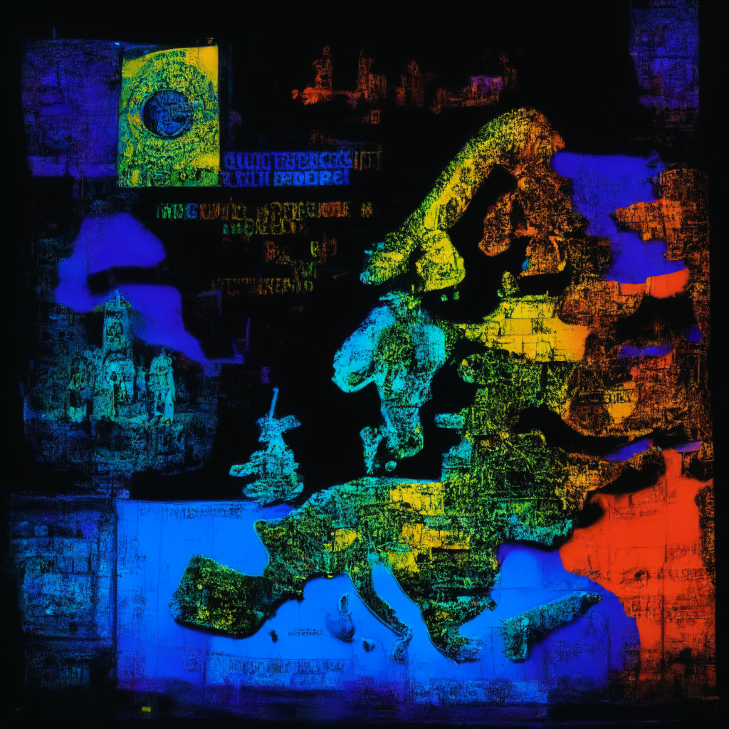 Scales of Justice over a map of Europe, detailed in bright and vivid colours. In the background, a giant digital Cryptocurrency coin being held by a corporate entity is fading in and out signifying uncertainty. The entire scene is lit in a middle-of-the-night dark ambiance, evoking a sense of tension and ongoing negotiations. Composed in a Banksy inspired graffiti street art style, with a thought-provoking and anticipative mood.