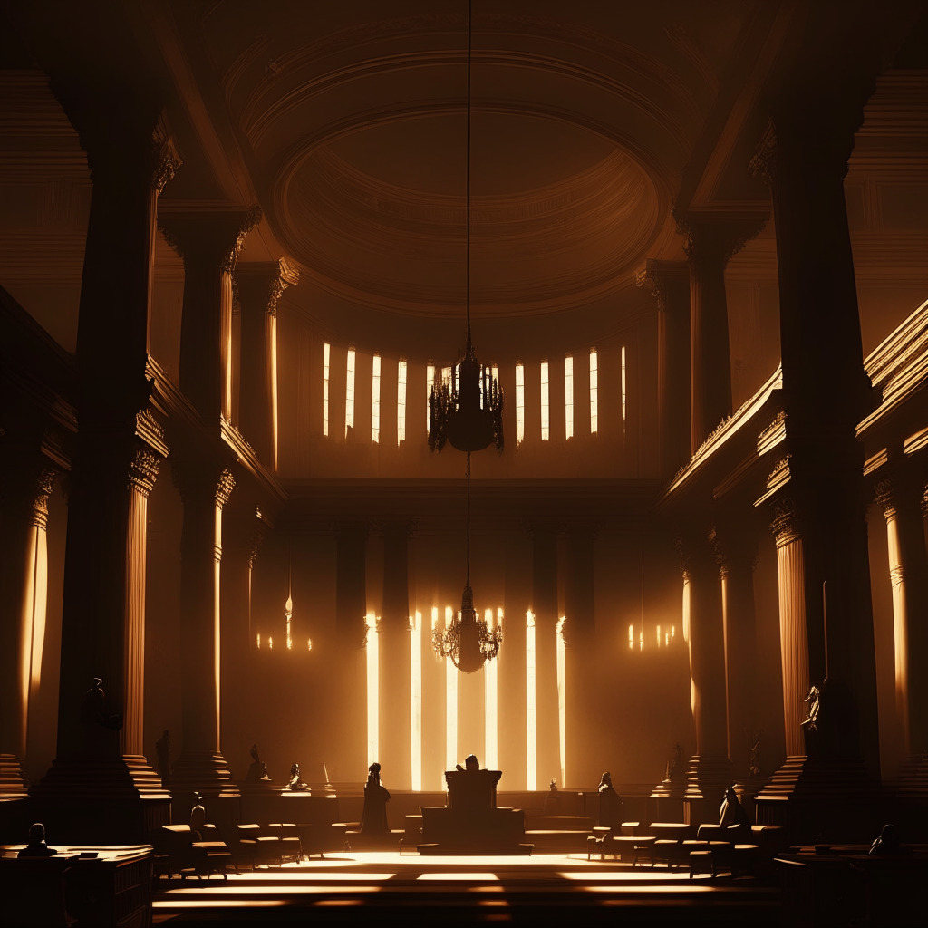 A dramatic courtroom in the classic Baroque style, with grand pillars and vaulted ceilings, serves as a metaphor for the faceted legal battle between Binance and U.S. CFTC. Shadowy figures representing the key actors inhabit the space under the dim amber light, illustrating the prevailing uncertain mood. The scene is poignant, highlighting the confrontational stance and the colossal risk involved. In the foreground, a balanced scale symbolizes the potential to tip the crypto regulations. An out-of-focus domino effect in the background predicts upcoming significant events.