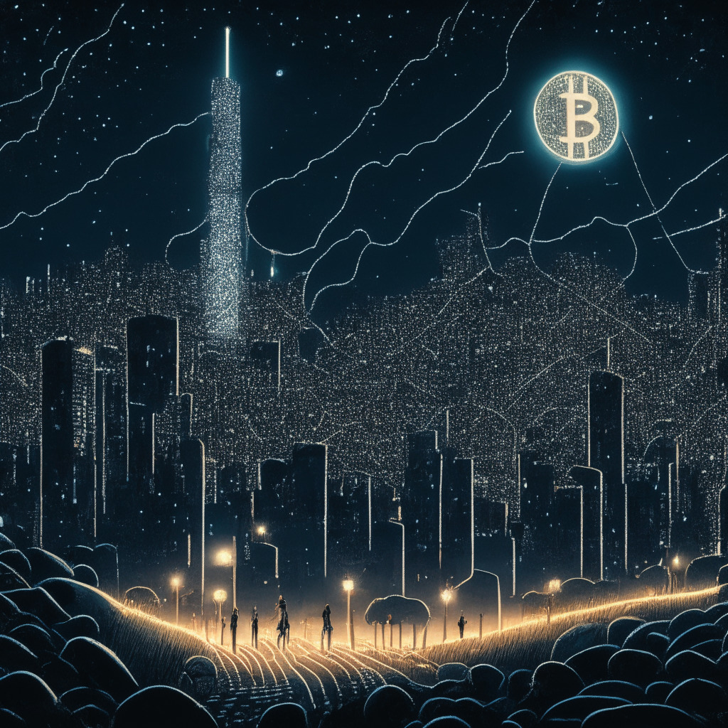 A moonlit scene of a large, bustling cityscape represents the world of cryptocurrency. In the foreground, a clear, illuminated path snakes into the distance, symbolizing the Bitcoin Lightning Network. Bright nodes scattered along the path denote the Lightning network nodes. Shadowy figures at the sidelines, illustrate the uncertainty among stakeholders. A beacon tower stands tall in the distance, symbolizing the BTC Beacon Chain update. An aura of cautious optimism fills the image, reflecting the mood of the crypto-verse. Overall, the image has a futurist noir artistic style.