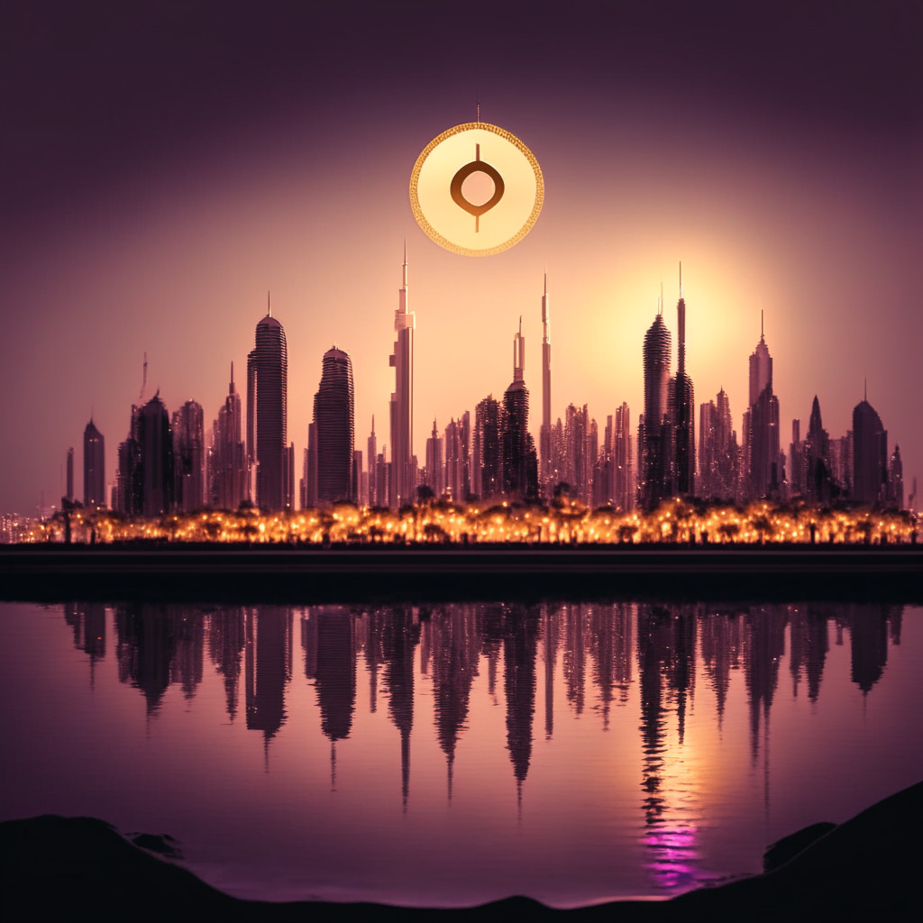 Dubai skyline at twilight, a large, serene cryptocurrency coin symbolizing Binance floating in the sky, a small crowd of diverse investors in foreground observing in anticipation, curiosity, or skepticism, lighting contains soft hues of gold and pink