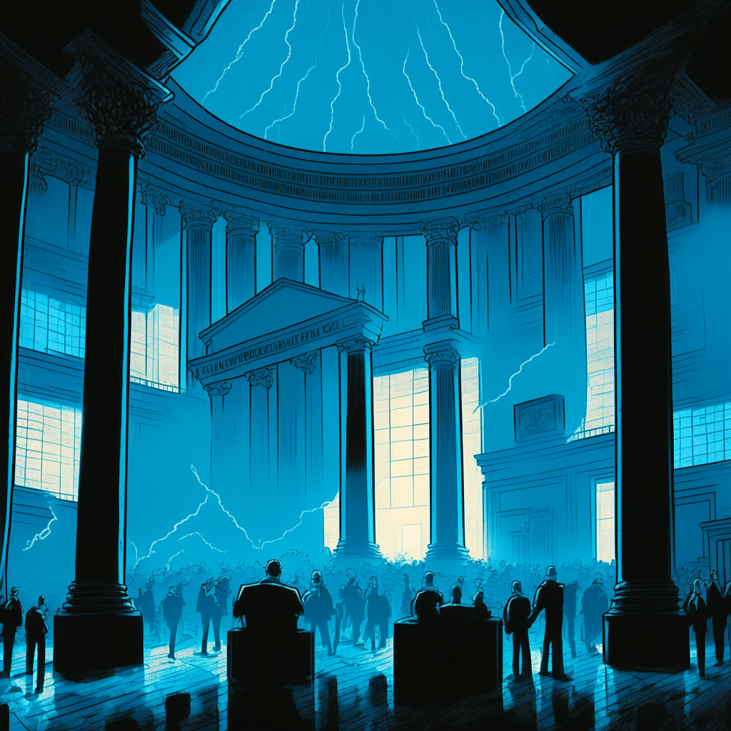 A dim, tense trading floor, bathed in cold blue light indicating ambiguity. A storm is brewing outside, symbolizing struggles of the cryptocurrency exchange. Glimmers of golden Bitcoins are immobilized mid-air, visualizing uncertainty and suspension. A faint silhouette of an imposing courthouse in the distance stands, representing looming regulation. On one corner, a cartoonish representation of a bull rests dejectedly, its horns dull and lowered. In the backdrop, an abstract representation of Chinese architecture under ominously dark skies, representating economic troubles.