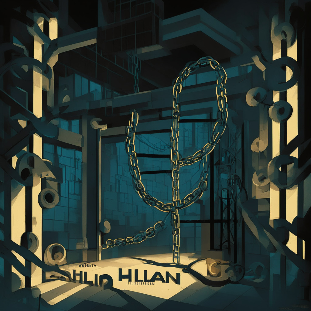 A dimly lit scene of numerous, complex cross-chain links, a locked vault with the tag 'Multichain' faintly visible in the backdrop. The foreground showcases a large, suspended bridge, symbolizing halted operations and unconnected ends. Elements displayed in a subtle cubist art style, colors reflecting a mixture of apprehension and hope, embodying the uncertain but resilient mood.