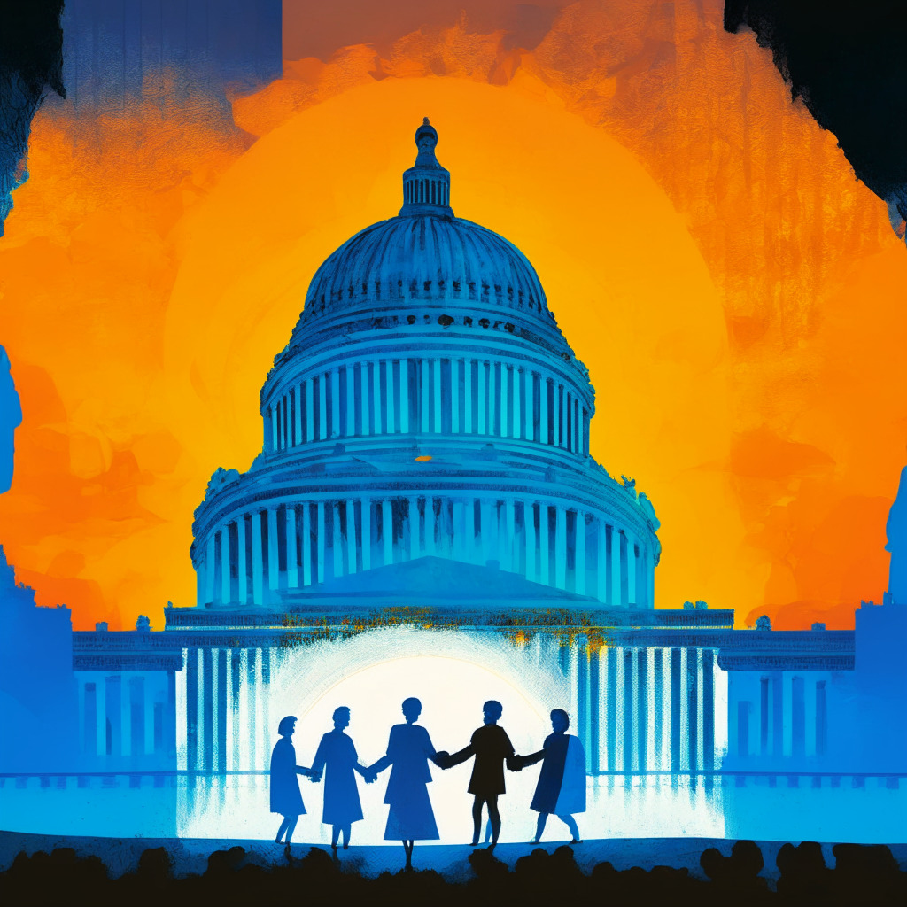 An abstract interpretation of the US Capitol Building under early morning dawn light signifying hope. The scene is painted in impressionist style filled with soft hues of orange and blue. Figures symbolizing Republicans and Democrats are shown shaking hands, evoking a sense of unity and agreement. A faint silhouette of digital coins subtly interwoven in the scene, indicating the topic of stablecoin regulation. The overall mood is one of anticipated harmony and progress.