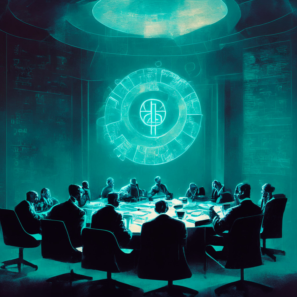 Abstract image of a group of figures involved in a detailed discussion around a digital hologram of a complex tax code, underscored by hazy symbols of cryptocurrencies. The scene is in a dimly lit committee chamber, the mood is intense yet hopeful. Painting style rhymes with a blend of surrealism and realism, reflecting both the tangible and abstract elements of taxation and digital assets.
