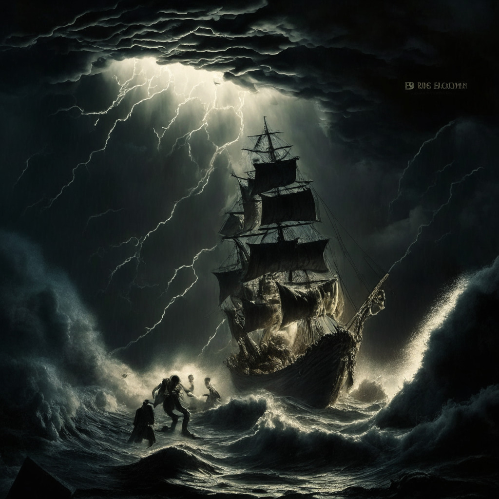 A dramatic financial scene, reminiscent of 19th-century dark Romanticism, featuring a storm-caused shipwreck symbolizing bitcoin cash (BCH) traders facing high losses surprising surge to $320-level. A touch of chiaroscuro lighting emphasizing the wild fluctuation on the currencies value amidst storm. The mood is suspenseful, reflecting the unpredictability of BCH futures market dynamics.