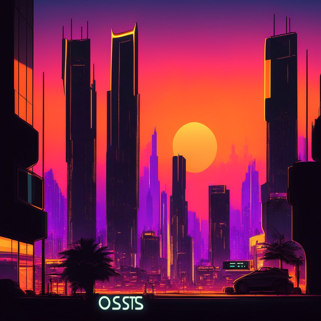 A futuristic cityscape of Dubai under twilight enhanced with neon art style, subdued hues of a setting sun reflect on the lofty skyscrapers symbolizing the nascent crypto market. In the center, a digital exchange building shows a Closed sign, expressing the halt of BitOasis' operation. A silhouette of VARA stands nearby, portrays a vigilant custodian, creating a somber and suspenseful ambiance.
