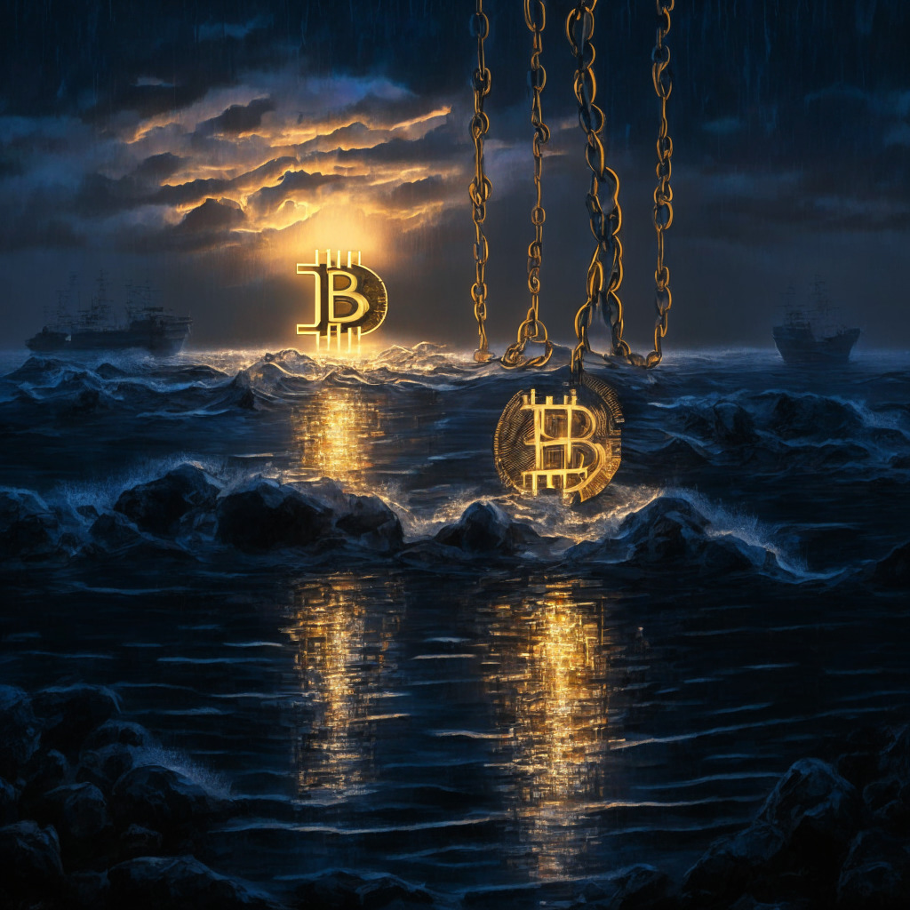 An enigmatic Bitcoin standing tall amidst turbulent financial waters during twilight, light reflecting off braced chains symbolizing constraints, a stark contrast to a distant shoreline depicting rallying market indices. Luminescent glow hints never-yielding optimism amidst uncertainty, with an ethereal, impressionistic style exuding a complex mix of unease and optimism.