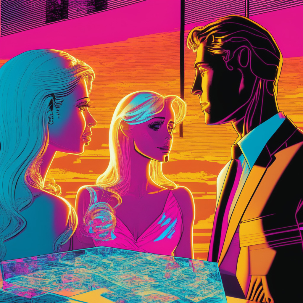 Sunset-lit, pop-art style scene, capturing the essence of a complex conversation, dual Facets of Barbie and Ken engaged in deep dialogue over a translucent, holographic Bitcoin, suggesting forward thinking yet challenging traditional roles. Portray a subtly tense atmosphere hinting at societal evolution, technology, and economic discourse.