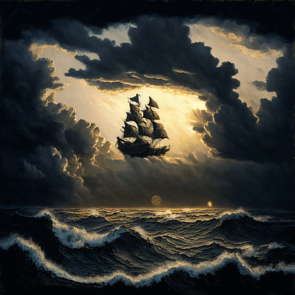 A Renaissance-style painting of a tumultuous seascape under a moody ombre sky transitioning from dark stormy gray to hopeful sunrise hues at the horizon. A large, golden bitcoin coin plummeting from the cloudy heights into the choppy sea, far in the background a faint silhouette of a sturdy ship (bitcoin community) resisting the storm, acknowledging the temporary struggle yet determination to brave the storm rather than turning away.