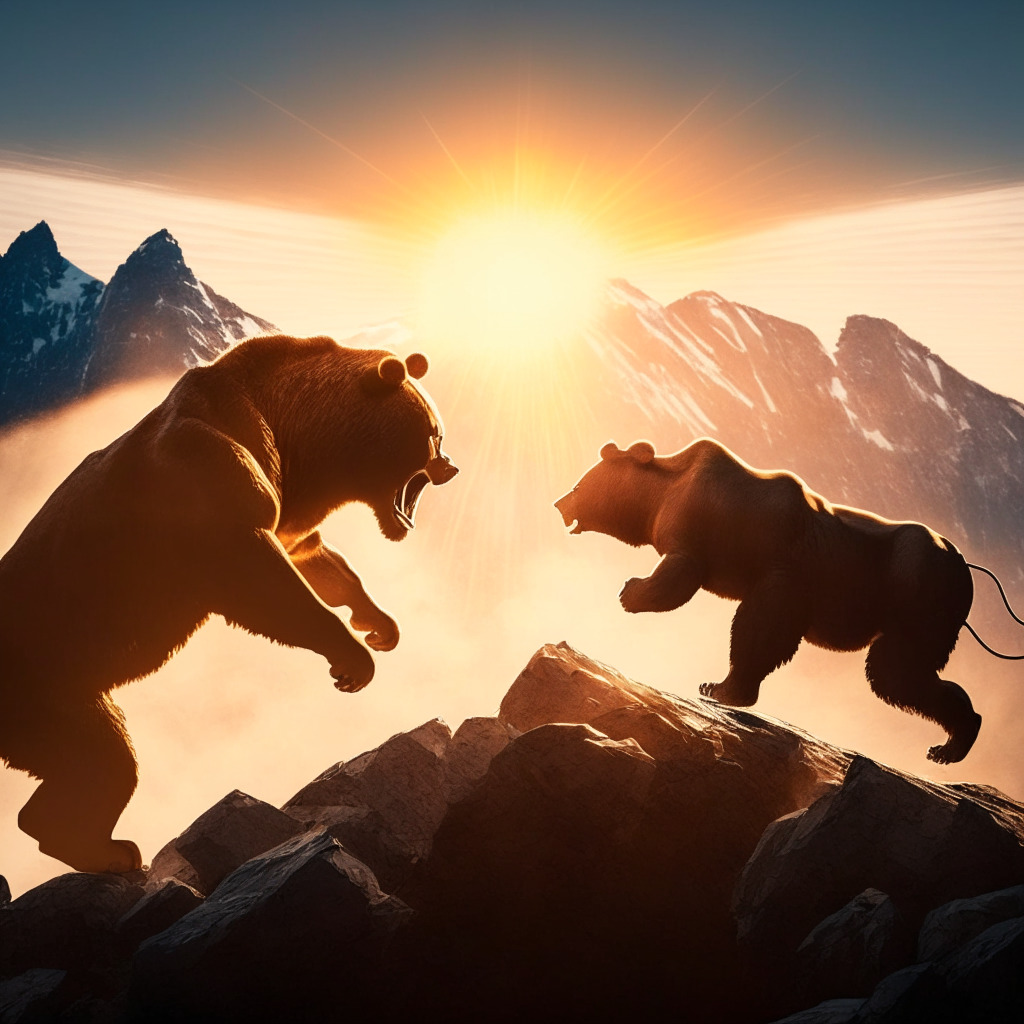 Exhilarating scene of a battle royale between a ferocious bear and a charging bull on a mountain peak that embodies $30k. The bear, representing a possible regulatory hurdle and Bitcoin's bearish pull, dominating the moment, bullish combatant symbolizing optimistic investiture, striving uphill. A hint of suspense and anticipation, lit by a setting sun, casting long dramatic shadows. The atmosphere, loaded with uncertainty yet resilience shines, with an undercurrent of technological strength.