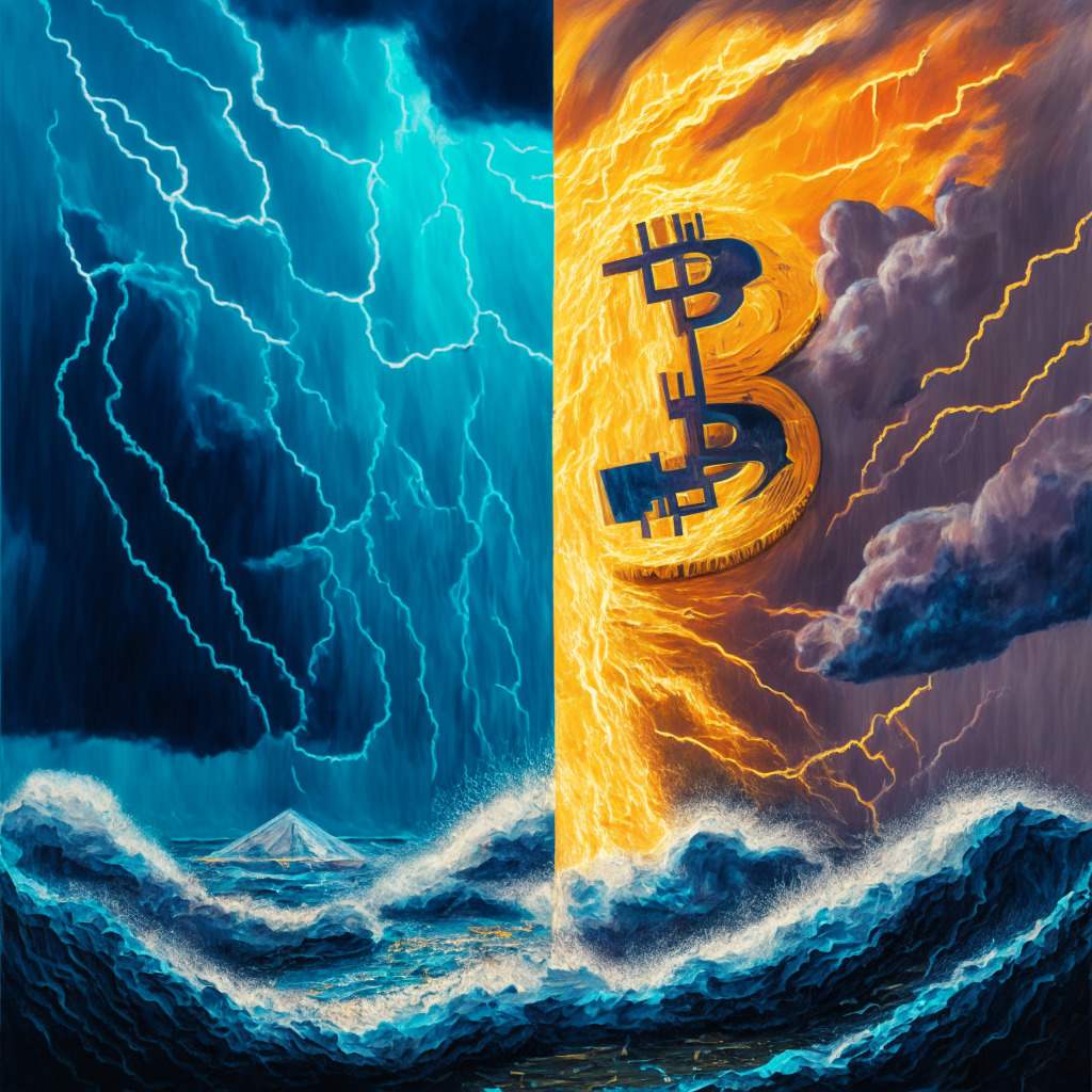 A digital painting reflecting the context of an emerging Bitcoin alternative, BTC20, against the struggling Bitcoin Cash. The canvas divided into two contrasting scenes to encapsulate the resilient BTC20 prospering under a vibrant, energetic realm, while BCH spirals in a tumultuous, storm-stricken landscape. Transition from bright optimism to darker uncertainty visible through the use of gradient lighting. The mood transitions from hopeful to anxious as the attention shifts from the successful BTC20 on the left to the struggling BCH on the right.