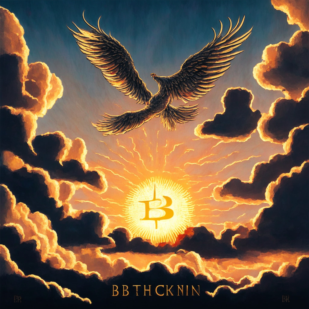 An impressive Bitcoin Cash (BCH) rising like a phoenix against a twilight sky, surrounded by skeptics and optimists. Crafted in the style of renaissance art, the light emanating from BCH brings out the glimmers of hope and uncertainty in the crowd. The air should feel vibrant, mirroring the market's fluctuations, yet maintain a solemn undertone, referencing past values.