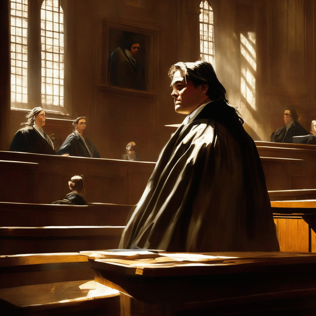 Craig Wright challenging in court, sunlit, baroque courtroom with intense chiaroscuro effect, tumult of decorum, heavy robes, rustic pews, soft essence of unresolved tension, Wright as central figure, artistic expression reminiscent of old master paintings, mood of mystery.