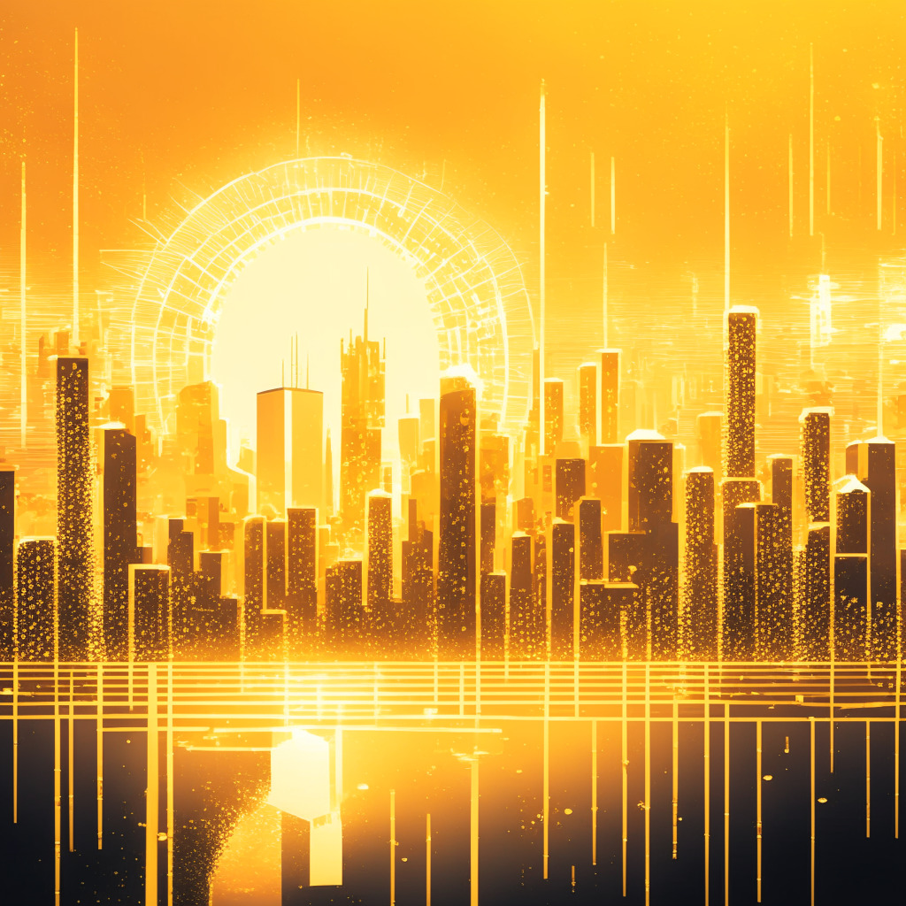 An abstract financial landscape bathed in golden light, reflecting optimistic future predictions. A robust, golden Bitcoin soars above a watermark, stylized miners sparkling beneath it, hinting at potential wealth retention. Bold number '120,000' shines in the skyline, symbolizing growth predictions. Mood: positive, hopeful, vibrant.