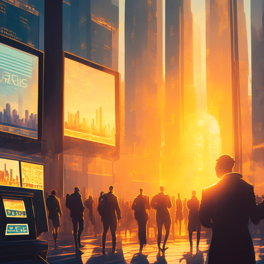 A bustling financial center bathed in the warm golden glow of a setting sun, where futuristic cryptocurrency ATMs are prominently placed. These sleek machines are illuminated by an almost ethereal light, symbolizing hope and opportunity. In the backdrop, NASDAQ's iconic trading floor throbs with activity. Artistically, the scene draws inspiration from realism with slight elements of cyberpunk aesthetics for a sense of drama and intrigue. The mood is one of cautious optimism, tinged with a sense of adventure and risk.