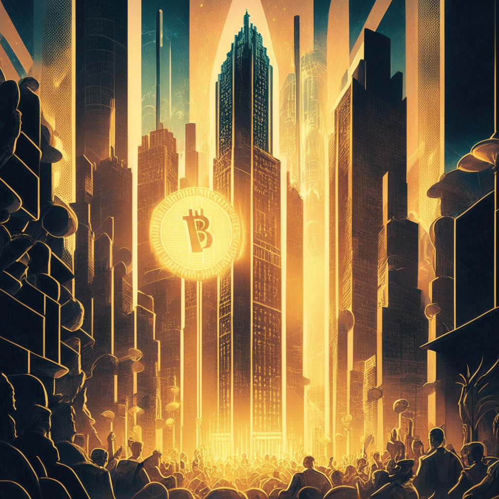 A sunset lit Wall Street atmosphere, with Bitcoin and other cryptocurrencies personified as towering, dominant skyscrapers, Ethereum and others growing from the ground. Stylistic elements of Art Deco patterns embedded. The mood is triumphant yet cautionary, with glowing light beams showcasing Bitcoin's momentous rise.