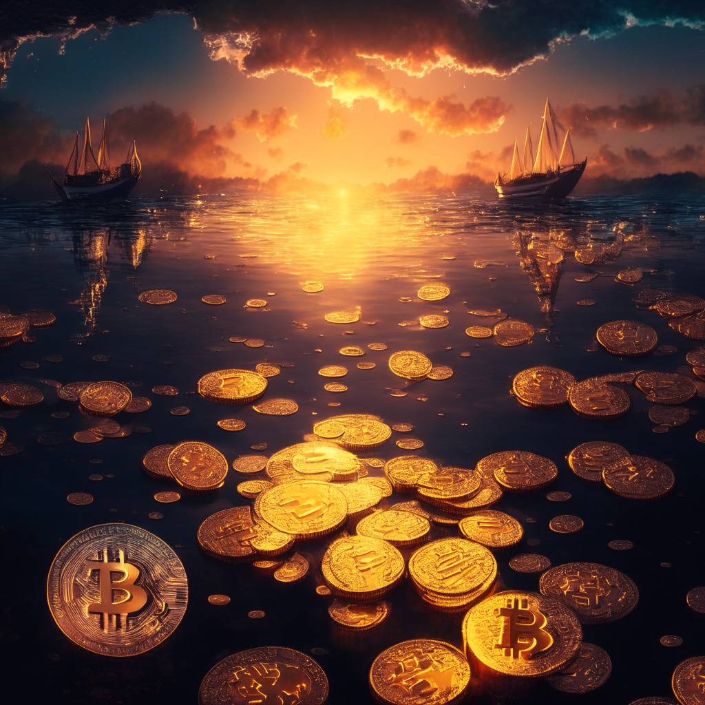 A dramatic sunset sky reflected in the glimmering sea of coins, prominently a shining golden Bitcoin in the center. Surrounding it, less luminous coins representing altcoins with traces of Ethereum, Solana and Ripple. Scene hints at the dominance and allure of Bitcoin over other cryptocurrencies. Mood is tense yet hopeful, hinting at future unpredictability.