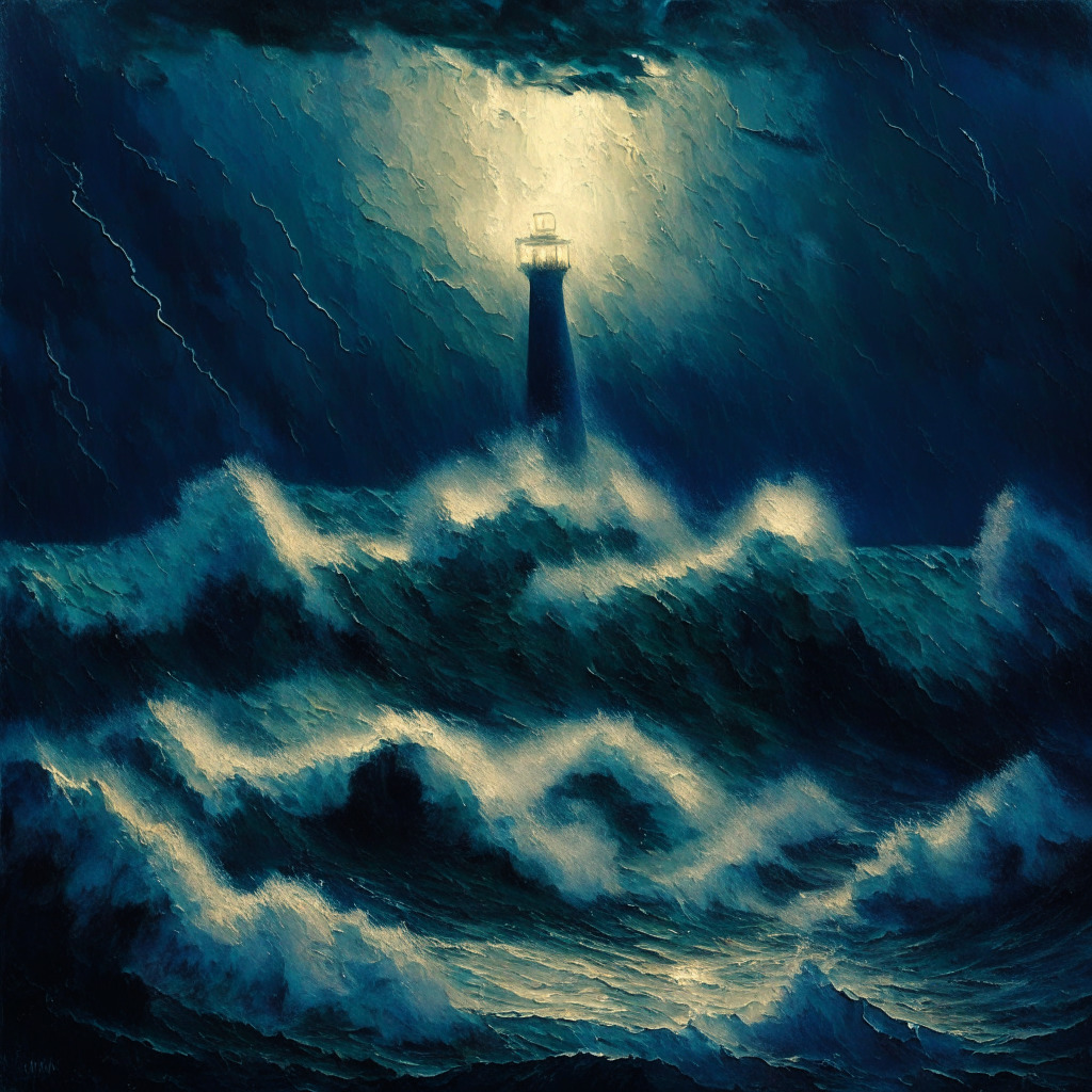 A stormy Bitcoin ocean with towering waves, choppy waters of uncertainty reflecting the volatile Bitcoin market and shifting ETF sentiments, small hopeful beacon amidst the turmoil represents the optimistic 'whales'. Darkly lit setting with sporadic sparks of light, evoking an atmosphere of both tension and anticipation, done in an impressionist painting style.