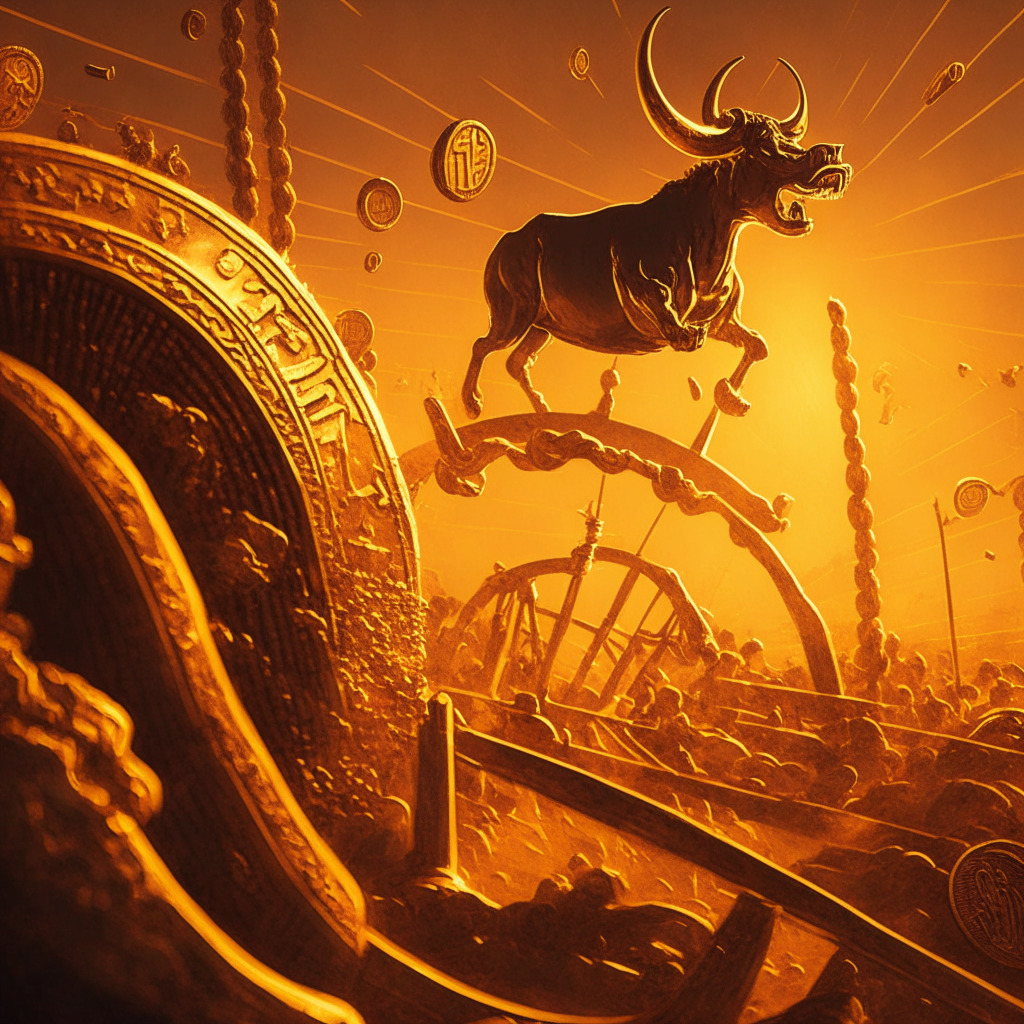 Dramatic, nail-biting scene of bitcoin coins riding on a rollercoaster against a bull market backdrop, Classical art style, under a gold-tinted sunset light casting long shadows. The mood is tense, with elements such as a futures contract transforming into an anchor, spot-based ETFs depicted as secure safes, adding a strong sense of anticipation and complexity.