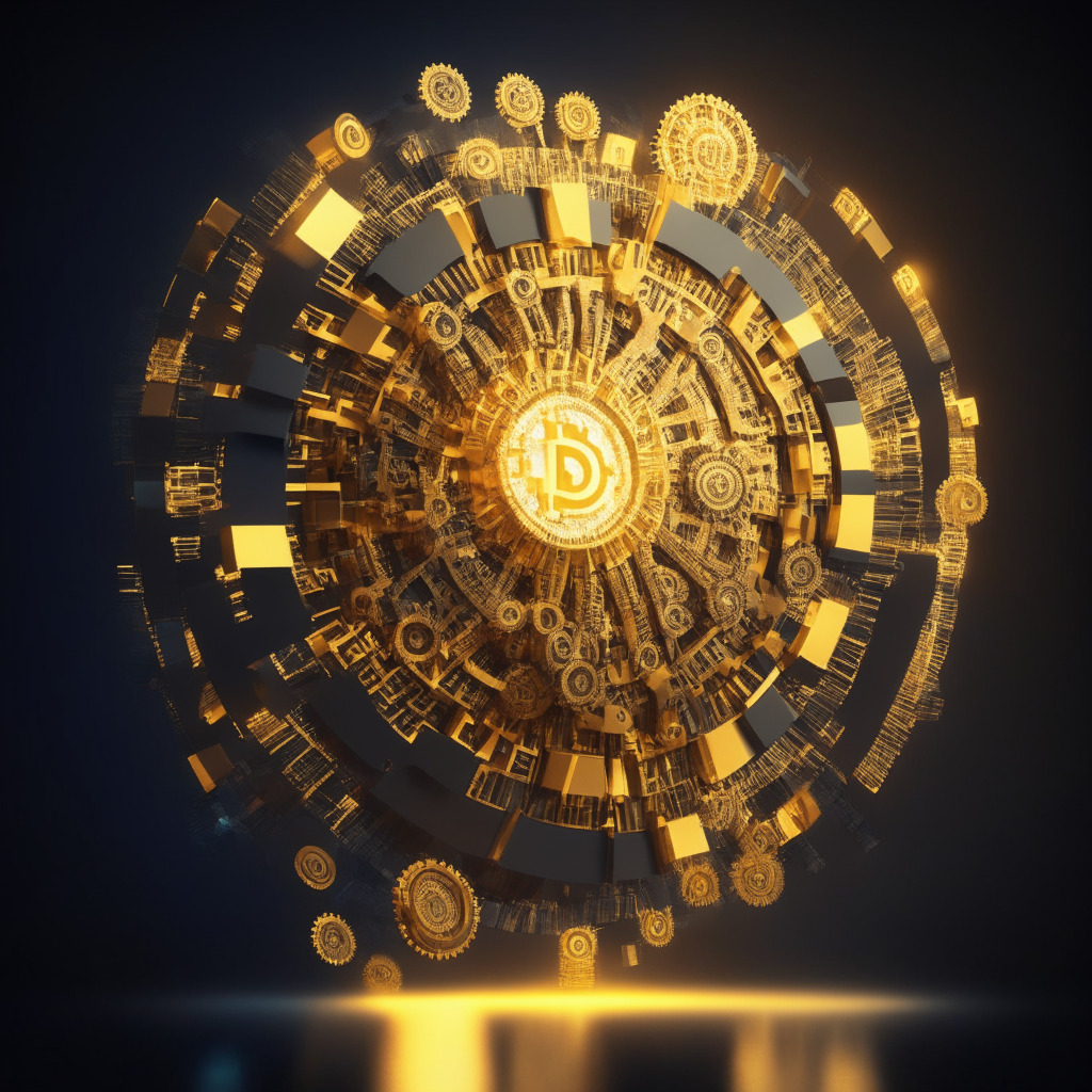 Conceptual image of a large, intricate gear mechanism, its pieces representative of various financial institutions, slowly turning together. The largest gear in the center, glowing with the golden luminosity prevalent in bitcoin iconography, symbolizing the impending adoption of Bitcoin ETFs into mainstream asset management. The light setting is bright and optimistic, yet maintaining more somber shadows suggesting the skepticism present in the crypto world. In the background, a rising sun casts long, hopeful shadows. The overall mood is a delicate balancing act between anticipation and caution, with an undertone of audacious headway into uncharted territory.