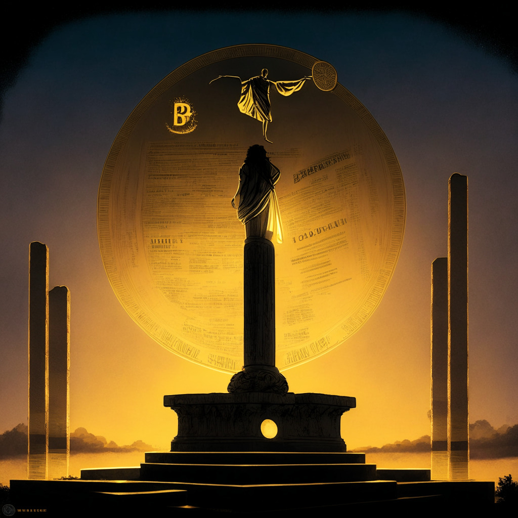 A surreal visual of a massive, tangible golden Bitcoin resting on a stone pedestal under the twilight sky, silhouette of an official 'License' document looming overhead symbolizing Societe Generale's triumph in France, Swift flowing bonds drifting around symbolizing Telegram's bond issuance, a bar chart in the distant horizon depicting the surge in investment.