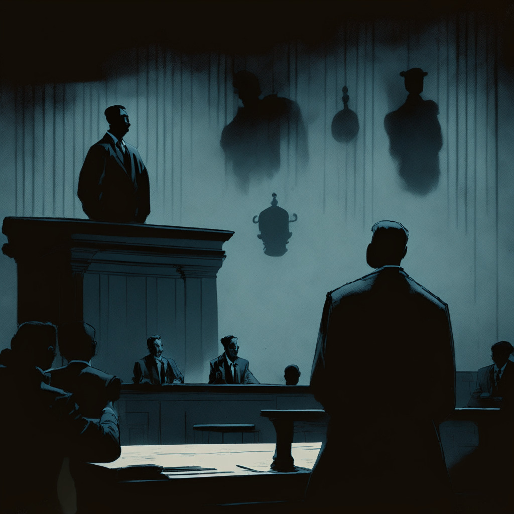 An ominous courtroom scene under muted blue-gray lights, Vintage sepia style, reflecting intense scrutiny and deliberation. In the foreground, a silhouette of a man believed to be Satoshi Nakamoto, pleading his case. Background subtly hints at crypto symbols, legal scripts, gavel, scales of justice. An aura of tension and suspense predominate.