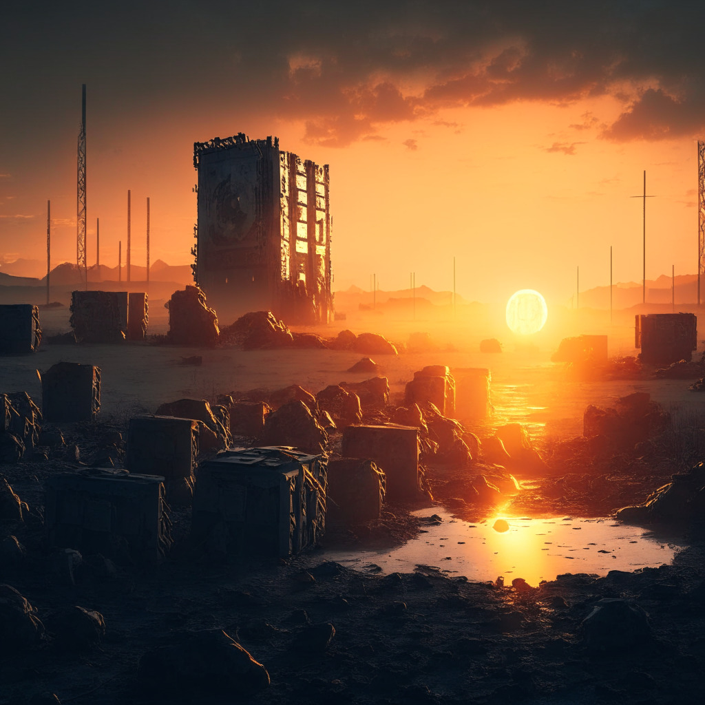 Dystopian scene showing an abandoned bitcoin mining rig in a wasteland, dramatic sunset casting long shadows, creating an eerie mood. In the foreground, a futuristic, energy-efficient mining rig glows with optimism, symbolizing adaptation. Conducted in a neo-noir aesthetic.