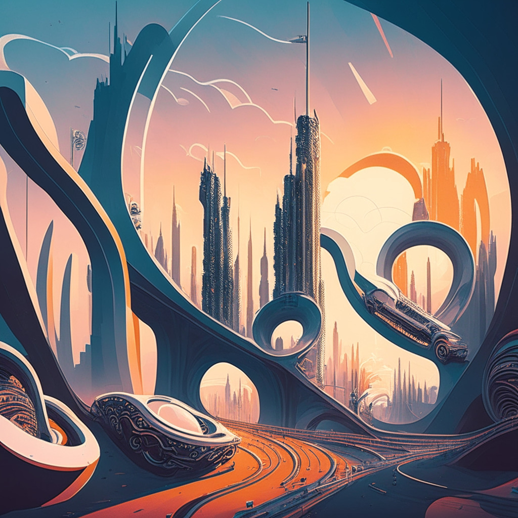 A surreal cityscape at dawn, cold colors, an enormous rollercoaster bursting sky-high, cars looking like ERC-20 tokens, Bitcoin off-shoots parallels. Few rollercoaster cars zooming up with exhilaration, others dip ominously, illustrating the sudden gain and loss. In the skyline, a soft, silver-hued, radiant lining, embodiment of BTC20. Mood: mixed feeling of anticipation, risk.