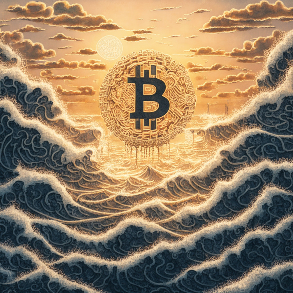 A surrealistic depiction of a terra-cotta-toned Bitcoin symbol standing tall amidst turbulent seas, conveying its resilience. The background portrays an ethereal sunrise, symbolising Asian markets opening time. In the foreground, intricate chains alluding to blockchain technology web around smaller, silver Bitcoin symbols representing one million wallets. The light comes from the setting sun casting an array of hues but leaving shadows hinting liquidity challenges, exuding a calm yet complex mood.
