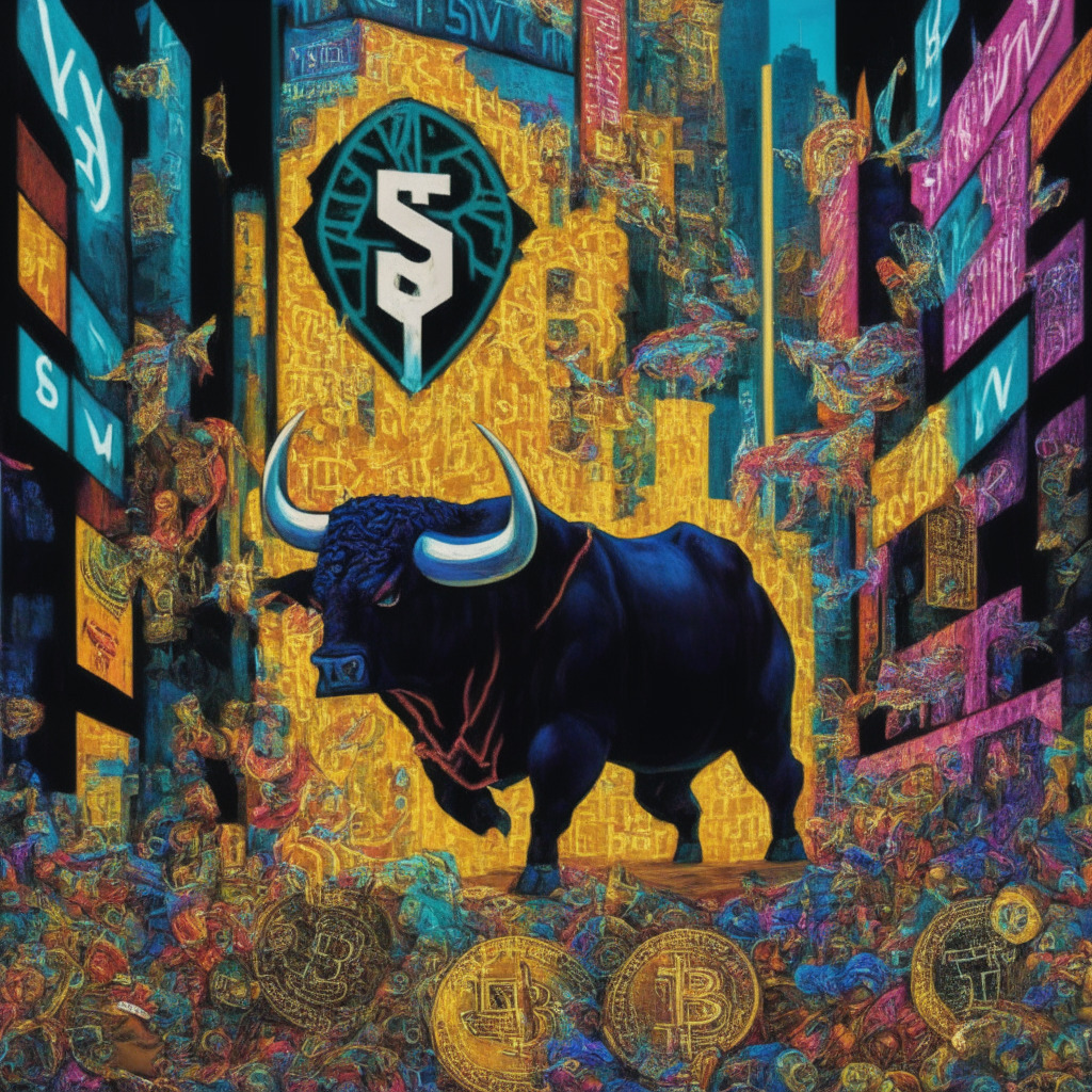 An abstract scene representing the ever-changing crypto market, featuring a bullish Bitcoin SV, a newly emerged Wall Street Memes, and Thug Life Token. The key elements include a powerful bull symbolizing Bitcoin SV's surge in price, an urban wall filled with inventive memes representing WSM, and a bling-adorned thug representing THUG under enchanting city lights. Colors evoke a dynamic atmosphere showcasing the highs, lows, risk, and thrill associated with the crypto investments. Lighting to convey the mood of unexpected twists in the volatile world of cryptocurrency.