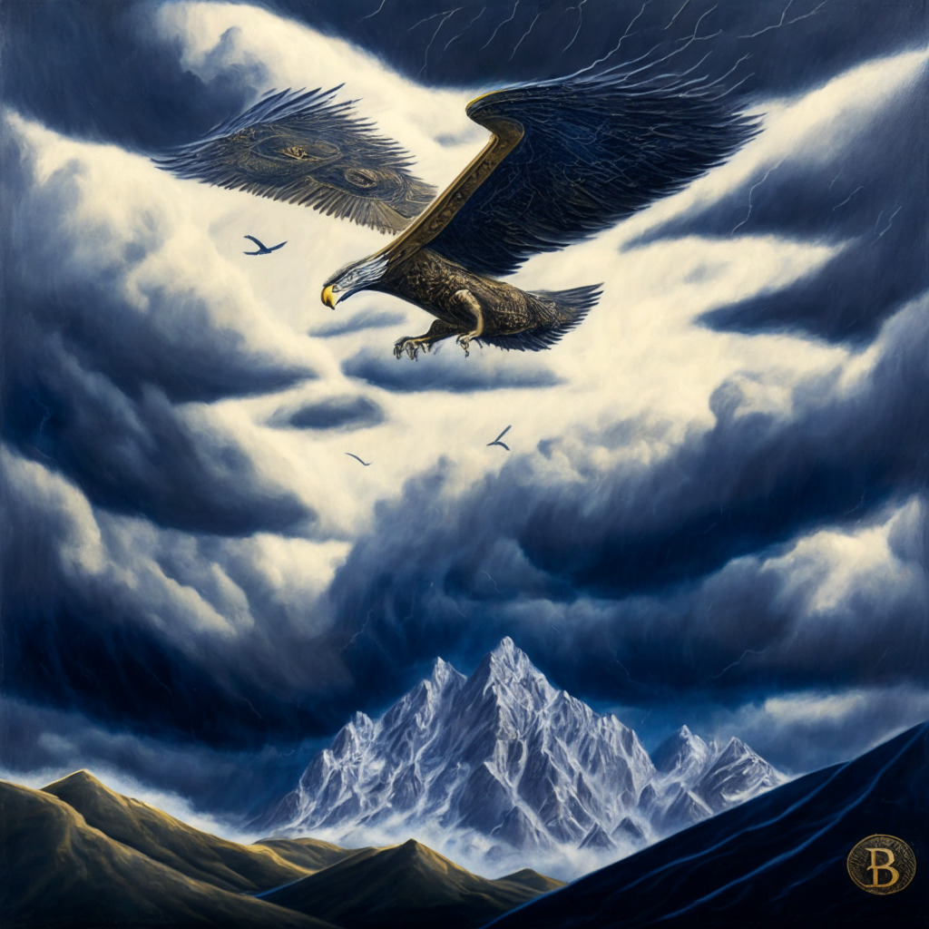 Surreal, mid-renaissance painting of a vast financial landscape under a stormy sky, A soaring falcon, symbolising Bitcoin SV, makes a swift ascent amidst unpredictable winds. In the background, towering mountains representing Bitcoin and Ethereum dwarf the falcon, yet it exhibits vigorous flight. The palette is a melancholic mix of dark blues, grays, and bursts of golden hues, hinting at a possible dawn.