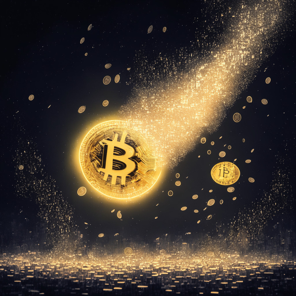 A surrealistic representation of an illuminated Bitcoin soaring in a night sky under a fading golden dollar symbol. Light from the Bitcoin bathes a bustling metropolis below in soft, warm hues. Incorporate elements of shattered glass to symbolize the dropping dollar and shrinking BTC supply. The mood is expectant yet cautious, blending calm darkness with vibrant specks of optimism.