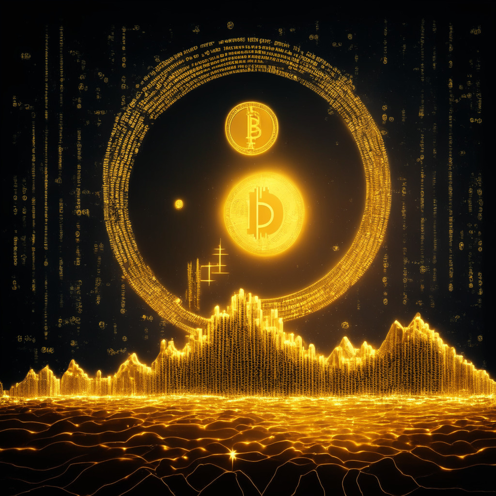 A cosmic visualization of a cryptocurrency market moonrise, illuminating a vast economic landscape, permeated by beams of gold and diffused bitcoin glow. In the foreground, a giant, gold coin stacked on smaller bitcoin tokens, symbolizing the asset dynamics. The mid-ground, adorned with a graph soaring upwards, illustrates El Salvador's bond yield trajectory. The background subtly fades into an ethereal sky with twitter-like birds, signifying social media buzz, clouded by a looming silhouette of Kuwait's ban on cryptocurrency. Artistic style - Futuristic Surrealism, Light Setting - Moody Mid moonlight, intended to create a sense of admiration interspersed with subtle apprehension.