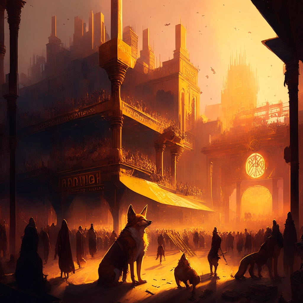 A mix of dystopian and renaissance styles, a chaotic marketplace at dawn, filled with impassive traders amid rising sun's hues of gold and crimson. In the background, an imposing digital data-structure, shaped like a dog; a reminder of the volatile crypto industry, a symbol of DOGE's unexpected surge. Artistic embodiment of uncertainty, anticipation and resilience in crypto markets.