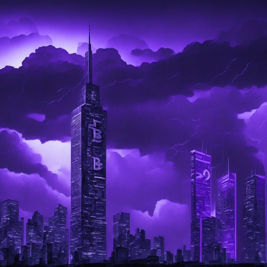 A neo-futuristic cityscape under a stormy clouded late evening sky, illuminated by a mix of somber blues and electric purples. Skyscrapers are adorned by digital billboards showing the Bitcoin logo, one displays a rising graph, and another shows a plummeting one. A significant tower represents the $31,000 threshold. The city teems with anticipation, mirroring the high-stakes market atmosphere.