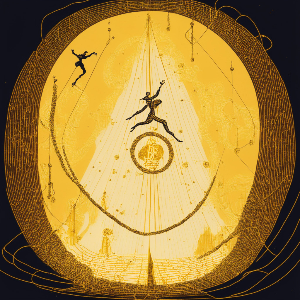 A whimsical scene of a tightrope walker delicately balancing on a thin wire, on one side: vibrant, ascending golden stairway representing a bullish surge, the other: a sudden abyss displaying a downward spiral. Dominant tones of golden hues symbolizing Bitcoin's value, the background peppered with gears and mining tools emblazoned with faint matrix-style code, emphasizing blockchain complexity. The mood is tense yet exciting, the lighting is subtly dramatic, casting long shadows.
