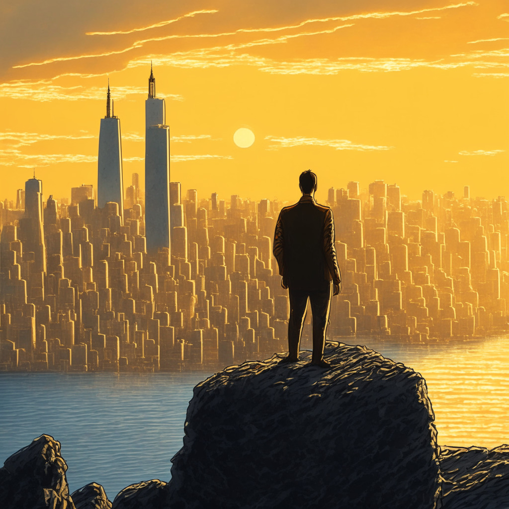 A wary Bitcoin stands on a cliff edge with the growing cityscape, symbolic of the U.S. economy, illuminated in golden hues in the background. Shadows loom, hinting at the possible interest rate hikes. The city's steady growth reflects off calm waters, contrasted with the Bitcoin's precarious position, under a sunset sky lending a tense, anticipatory air.