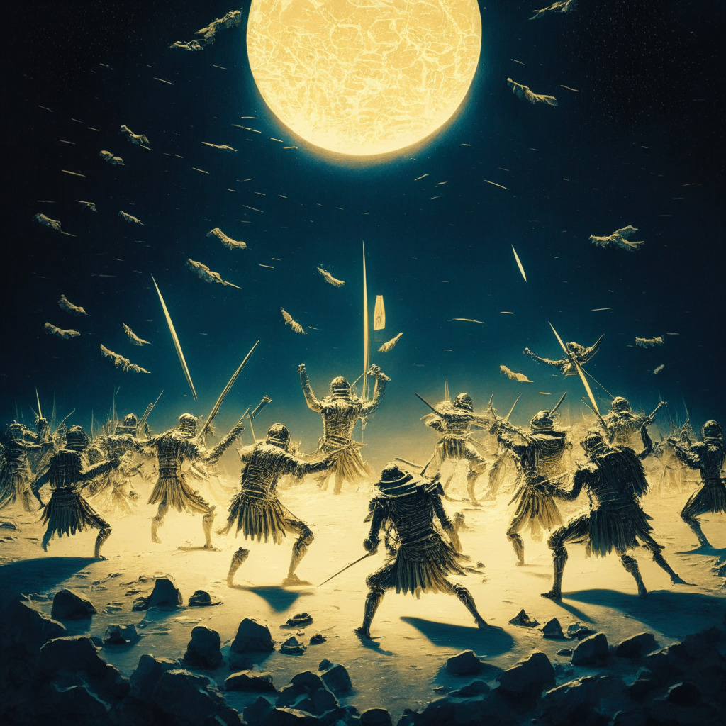 Imaginary cryptocurrency battlefield illuminated by ethereal moonlight. Bitcoin soldiers, armored in golden radiance, fight furiously to take the territory named $30,000. A precarious equilibrium in the air, reflecting high leverage ratio. Art style embodying anxiety, tumult, and resilience of battling traders. Mood: tense, enigmatic, hinting at an imminent upheaval.