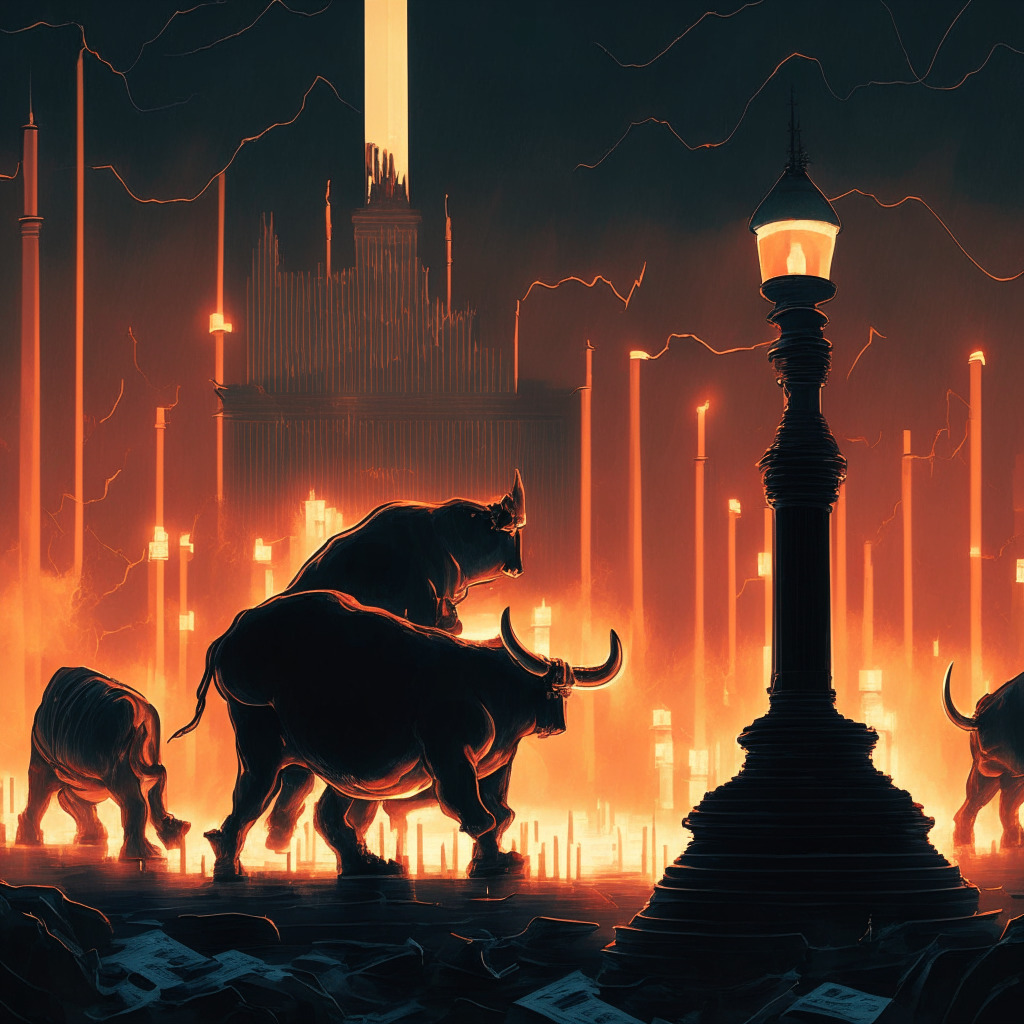 A financial battlefield bathed in the twilight glow, Bitcoin steadfastly guarding the landmark of $30k. A market, pulsating like a heartbeat, cloaked in swirling decisions of traders. Shadowy figures of bulls and bears in the background, tall candle patterns acting as guideposts. Ambiguity reigning, with a brooding mood of suspense. No brand or logo present.