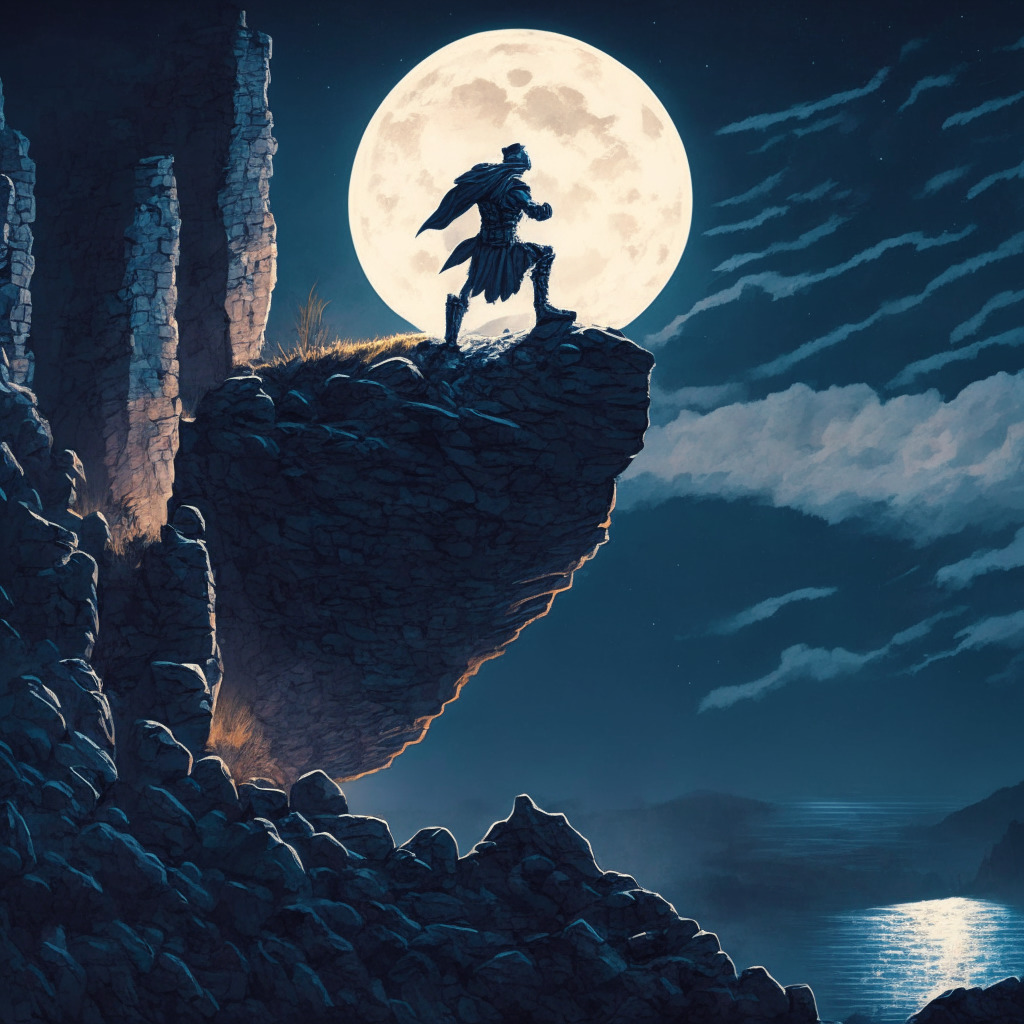 A twilight scene illuminated by a pulsating moonlight, which mirrors the volatile world of cryptocurrency. Represent Bitcoin as a warrior in armor, teetering on the edge of a cliff with a 21-day calendar blowing nervously in the wind. He is poised for either a heroic leap upward or a perilous fall. There should be a dense fog below the cliff, symbolizing the looming market uncertainties, while above the cliff, show a clear, star-filled sky showing potential. The overall palette should be rich blues and greys, reflecting the market uncertainty, while few shimmering gold hues subtly tucked away represent the glimmer of hope. Choose a Picasso cubist style to mirror the chaotic and unpredictable journey of cryptocurrencies.