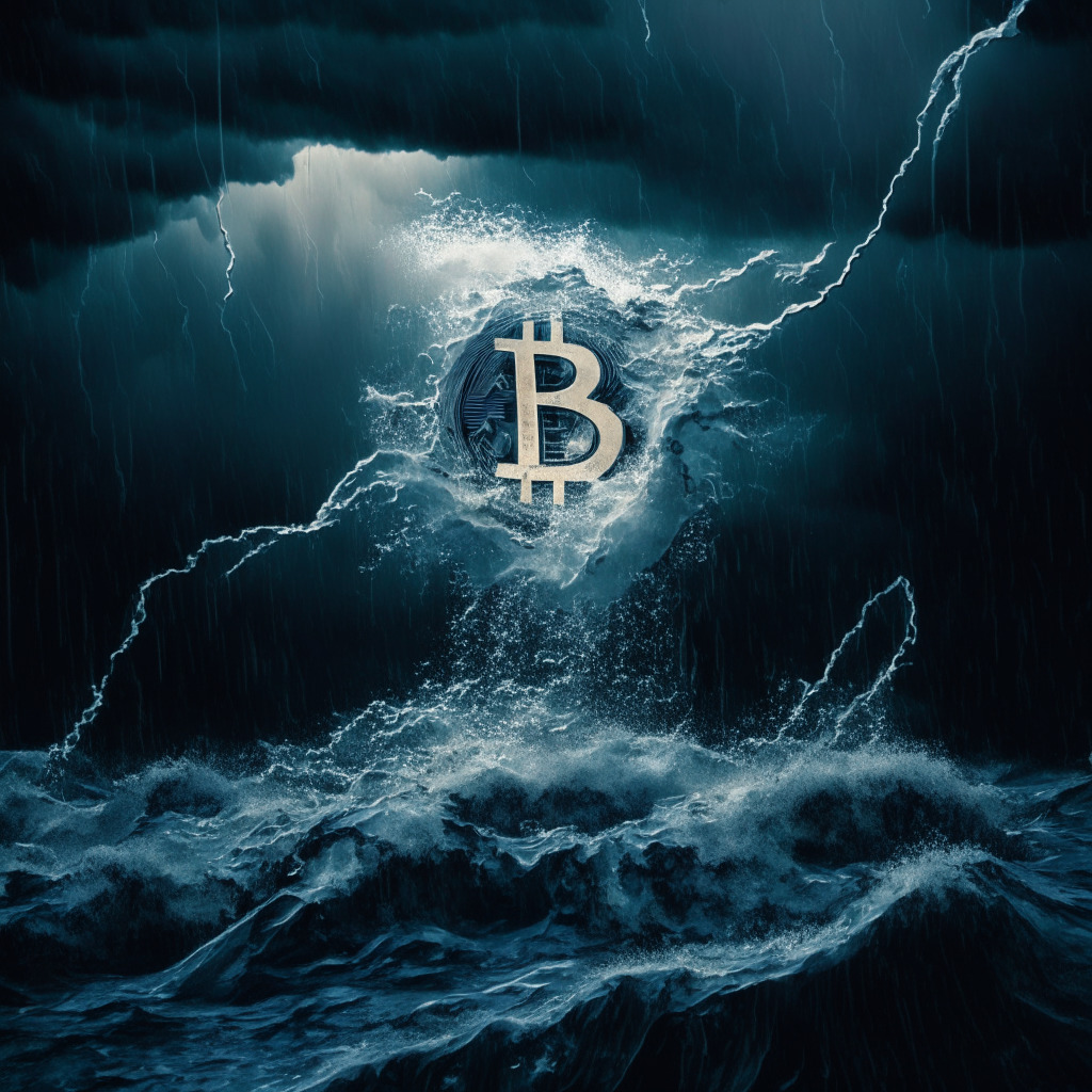 An abstract representation of a turbulent crypto market, highlighted by a crashing Bitcoin symbol underwater amid stormy seas, reflecting gloomy market sentiment. Create the scene under stormy skies, employing a chiaroscuro lighting technique for intense contrasts, imbued with a sense of melancholy. Carefully illumine the tragedy of falling prices with dark blues and greys, capturing concern and pessimism.