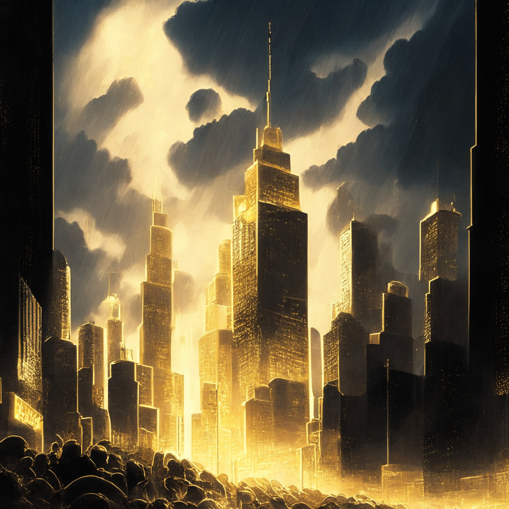 A thriving market cityscape illuminated by glistening gold light, towering skyscrapers symbolizing Bitcoin's bullish rise over $30,000. In the backdrop, ominous clouds roil, symbolizing SEC's ETF concerns. To one side, a wavy path downhill displays the light, subtle pressure for a possible descent, all wrapped in an air of tension, rendered in an Art Deco style.