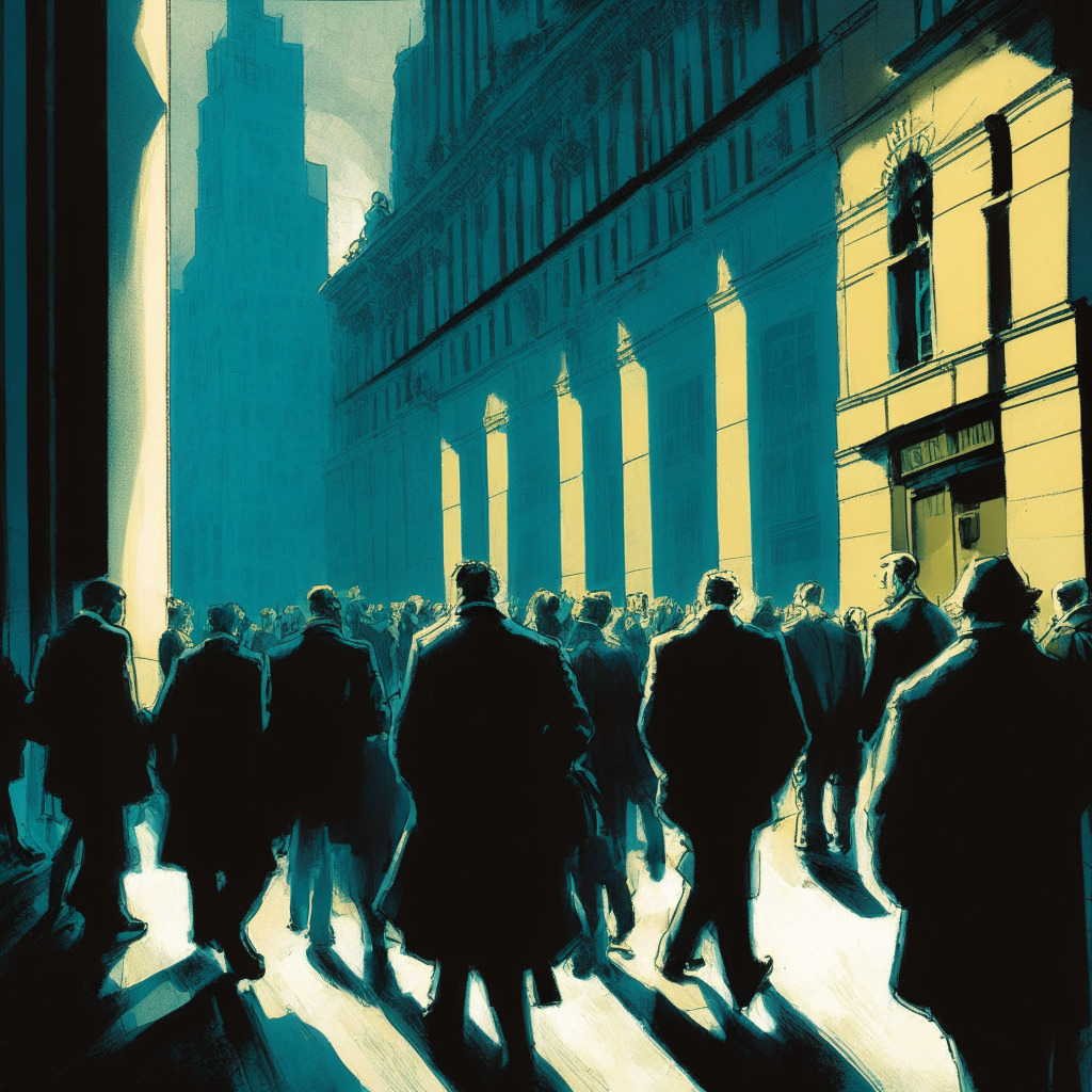 An early morning in European financial district, broad daylight with long and casting shadows, rendered in a Van Gogh Post-Impressionist style. A crowd of crypto enthusiasts flickers with excitement. In contrast, a dimly lit Wall Street struggles with regulatory paperwork, enveloped by a looming specter of the SEC. Represents hope, anticipation, and challenges in a global Bitcoin race.